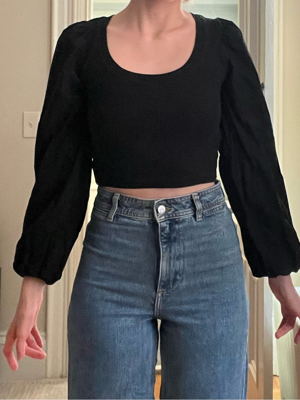 Zara Black Scoop-Neck Puff Sleeve Crop Top